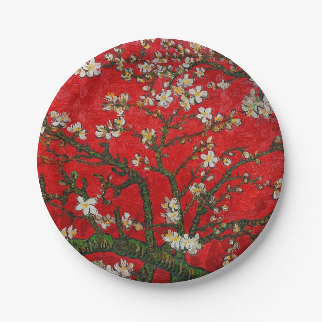 Van Gogh Almond Blossoms Red Paper Plates (Front)