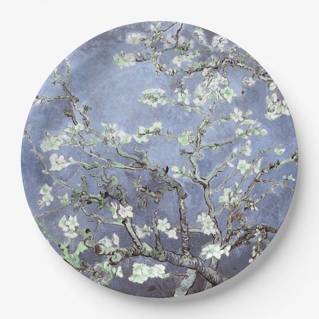 Van Gogh Almond Blossoms Steel Blue Paper Plates (Front)