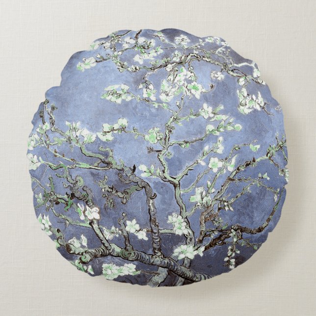 Van Gogh Almond Blossoms Steel Blue Round Pillow (Front)