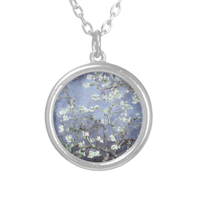 Van Gogh Almond Blossoms Steel Blue Silver Plated Necklace (Front)