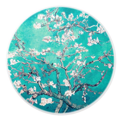 Van Gogh Almond Blossoms Turquoise Ceramic Knob
