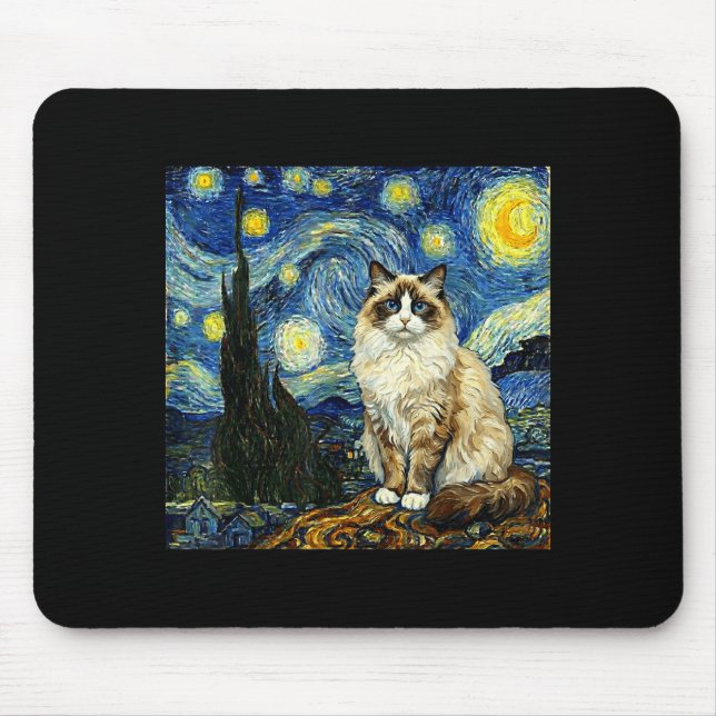 Van Gogh Art Starry Night - Funny Ragdoll Cat Arti Mouse Pad (Front)