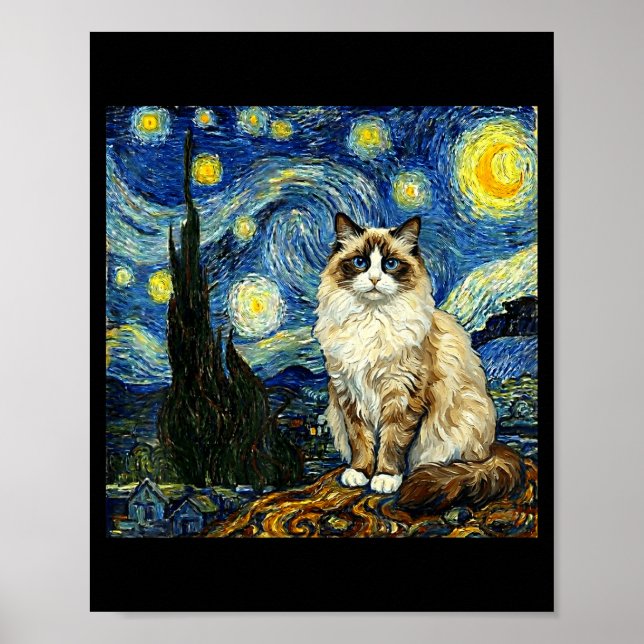 Van Gogh Art Starry Night - Funny Ragdoll Cat Arti Poster (Front)