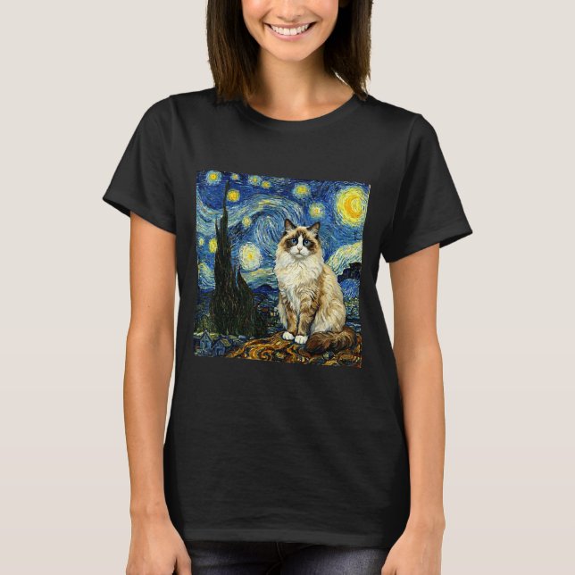 Van Gogh Art Starry Night - Funny Ragdoll Cat Arti T-Shirt (Front)