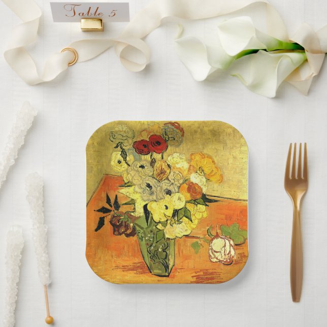 Van Gogh artwork, Japanese Vase with Roses, Paper Plates (Wedding)