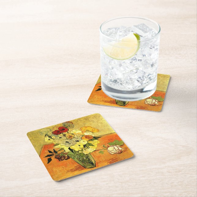 Van Gogh artwork, Japanese Vase with Roses, Square Paper Coaster (Insitu)