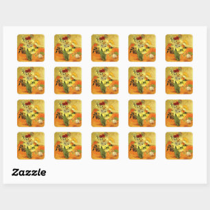 Van Gogh artwork, Japanese Vase with Roses, Square Sticker