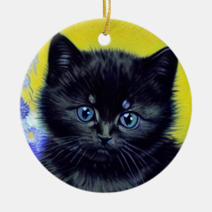 Van Gogh Black Cat Purple Flowers Ceramic Ornament