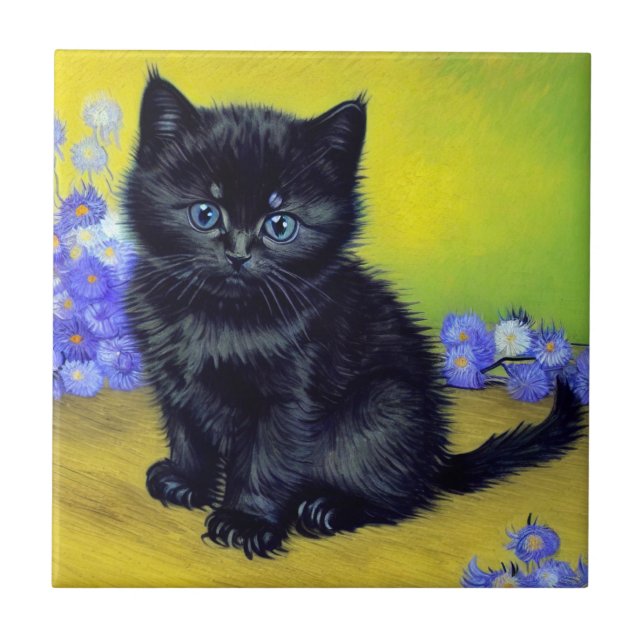 Van Gogh Black Cat Purple Flowers Ceramic Tile (Front)