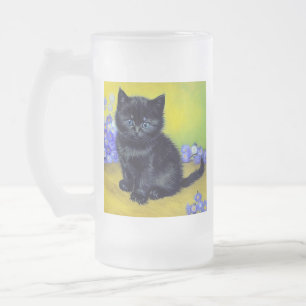 Van Gogh Black Cat Purple Flowers Frosted Glass Beer Mug