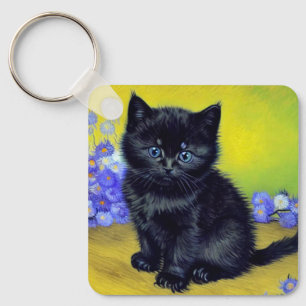 Van Gogh Black Cat Purple Flowers Keychain