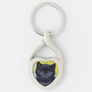 Van Gogh Black Cat Purple Flowers Keychain