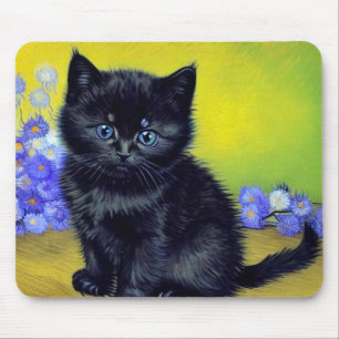Van Gogh Black Cat Purple Flowers Mouse Pad