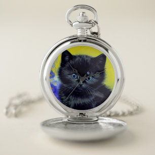 Van Gogh Black Cat Purple Flowers Pocket Watch