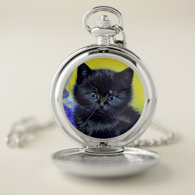 Van Gogh Black Cat Purple Flowers Pocket Watch (Inside)