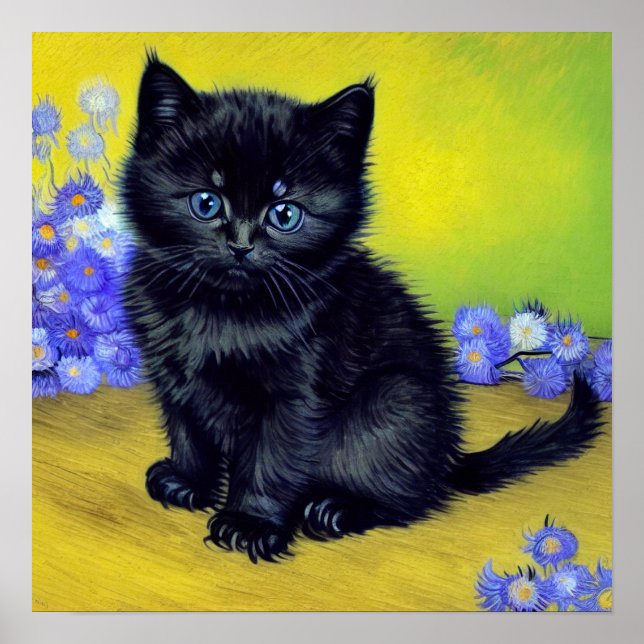 Van Gogh Black Cat Purple Flowers Poster (Front)