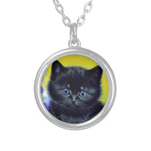 Van Gogh Black Cat Purple Flowers Silver Plated Necklace
