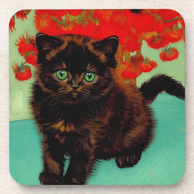 Van Gogh Black Cat Red Flowers Beverage Coaster (Front)