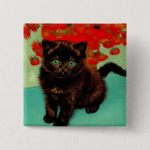 Van Gogh Black Cat Red Flowers Button