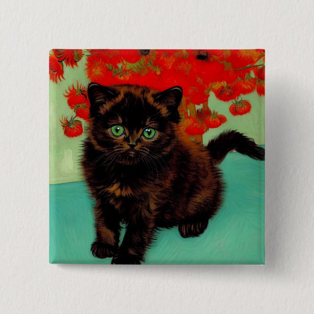 Van Gogh Black Cat Red Flowers Button (Front)