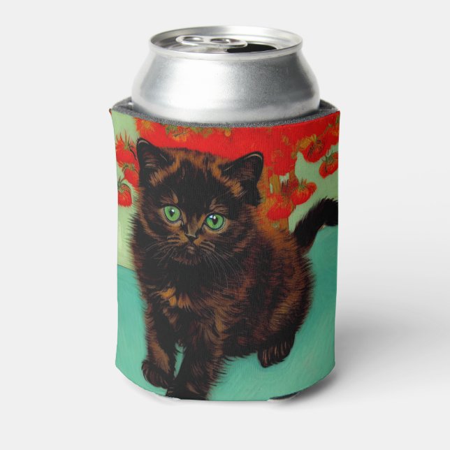 Van Gogh Black Cat Red Flowers Can Cooler (Can Back)