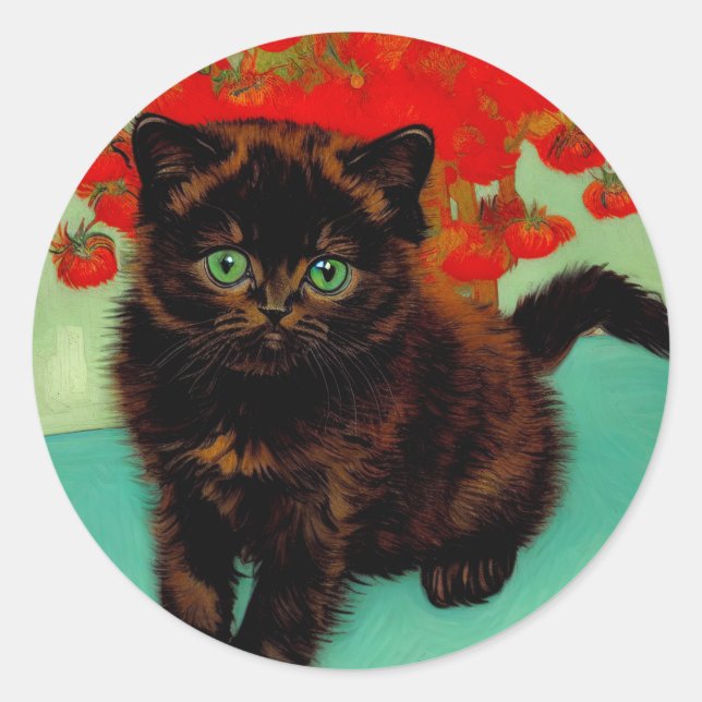 Van Gogh Black Cat Red Flowers Classic Round Sticker (Front)