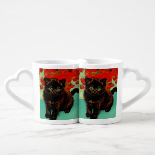 Van Gogh Black Cat Red Flowers Coffee Mug Set