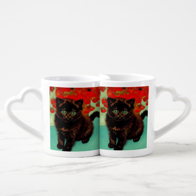 Van Gogh Black Cat Red Flowers Coffee Mug Set (Front Nesting)