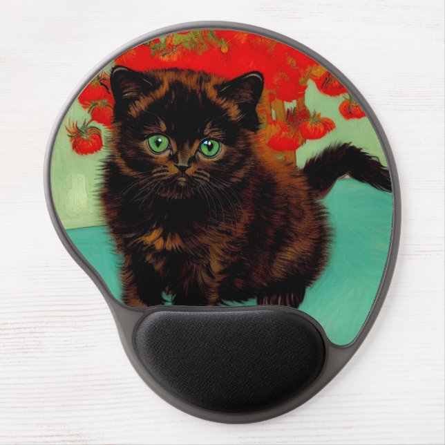 Van Gogh Black Cat Red Flowers Gel Mouse Pad (Front)