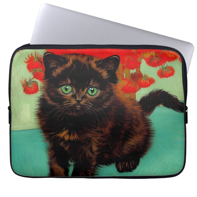 Van Gogh Black Cat Red Flowers Laptop Sleeve (Front)