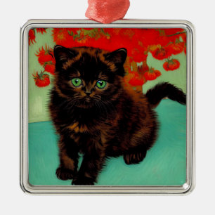 Van Gogh Black Cat Red Flowers Metal Ornament