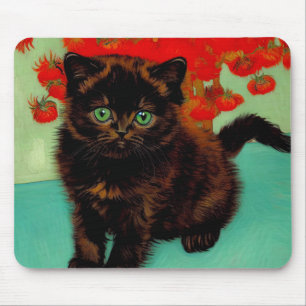 Van Gogh Black Cat Red Flowers Mouse Pad
