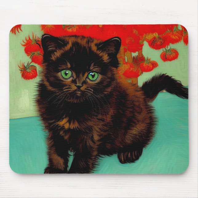 Van Gogh Black Cat Red Flowers Mouse Pad (Front)