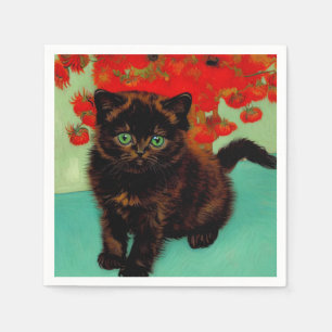 Van Gogh Black Cat Red Flowers Napkins