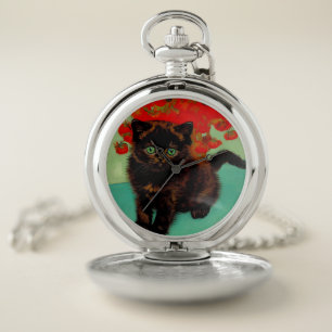 Van Gogh Black Cat Red Flowers Pocket Watch
