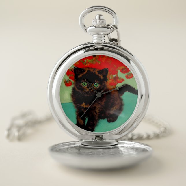 Van Gogh Black Cat Red Flowers Pocket Watch (Inside)