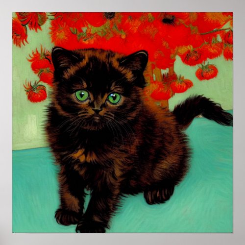 Van Gogh Black Cat Red Flowers Poster