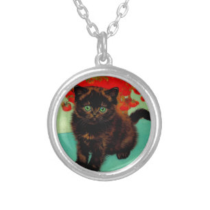 Van Gogh Black Cat Red Flowers Silver Plated Necklace
