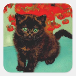 Van Gogh Black Cat Red Flowers Square Sticker