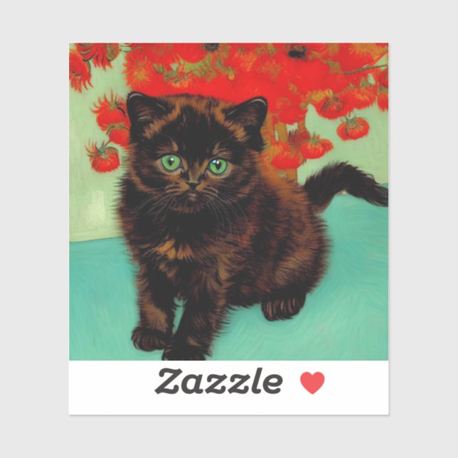 Van Gogh Black Cat Red Flowers Sticker (Sheet)