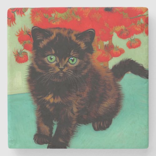 Van Gogh Black Cat Red Flowers Stone Coaster