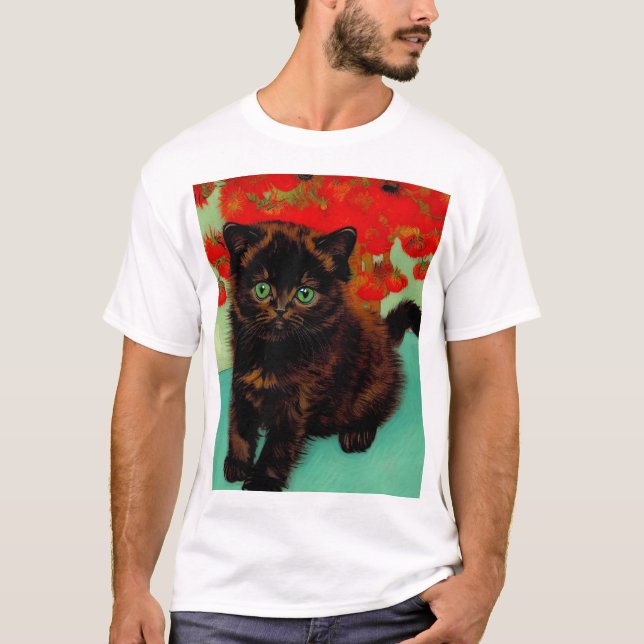 Van Gogh Black Cat Red Flowers T-Shirt (Front)