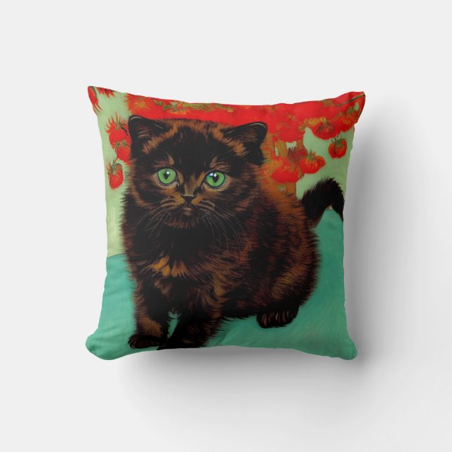 Van Gogh Black Cat Red Flowers Throw Pillow (Front)