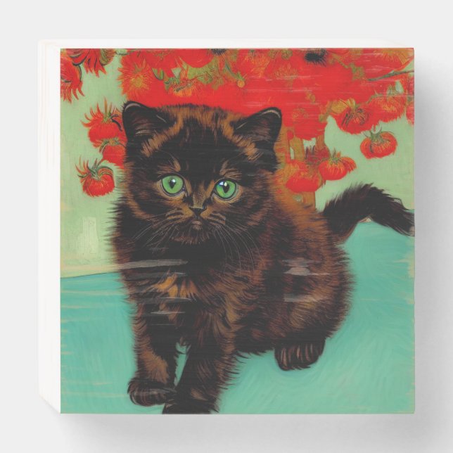 Van Gogh Black Cat Red Flowers Wooden Box Sign (Front Horizontal)