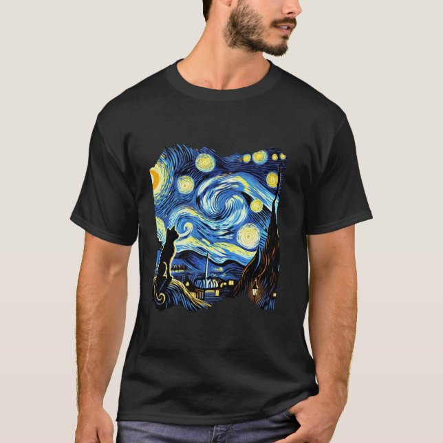 Van Gogh Black Cat Starry Night Cat Lover T-Shirt (Front)