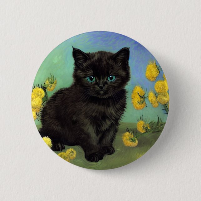 Van Gogh Black Cat Yellow Flowers Button (Front)