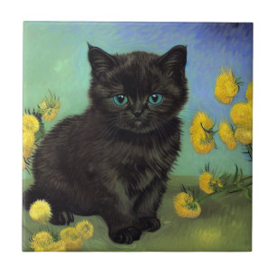 Van Gogh Black Cat Yellow Flowers Ceramic Tile