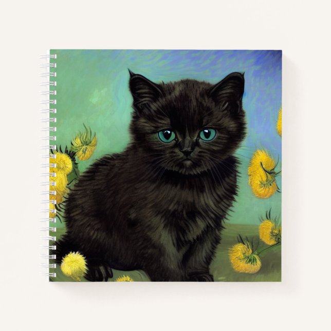 Van Gogh Black Cat Yellow Flowers Notebook (Front)