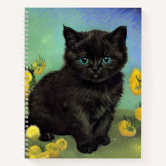 Van Gogh Black Cat Yellow Flowers Notebook (Front)