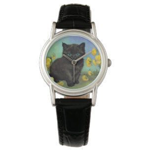 Van Gogh Black Cat Yellow Flowers Watch